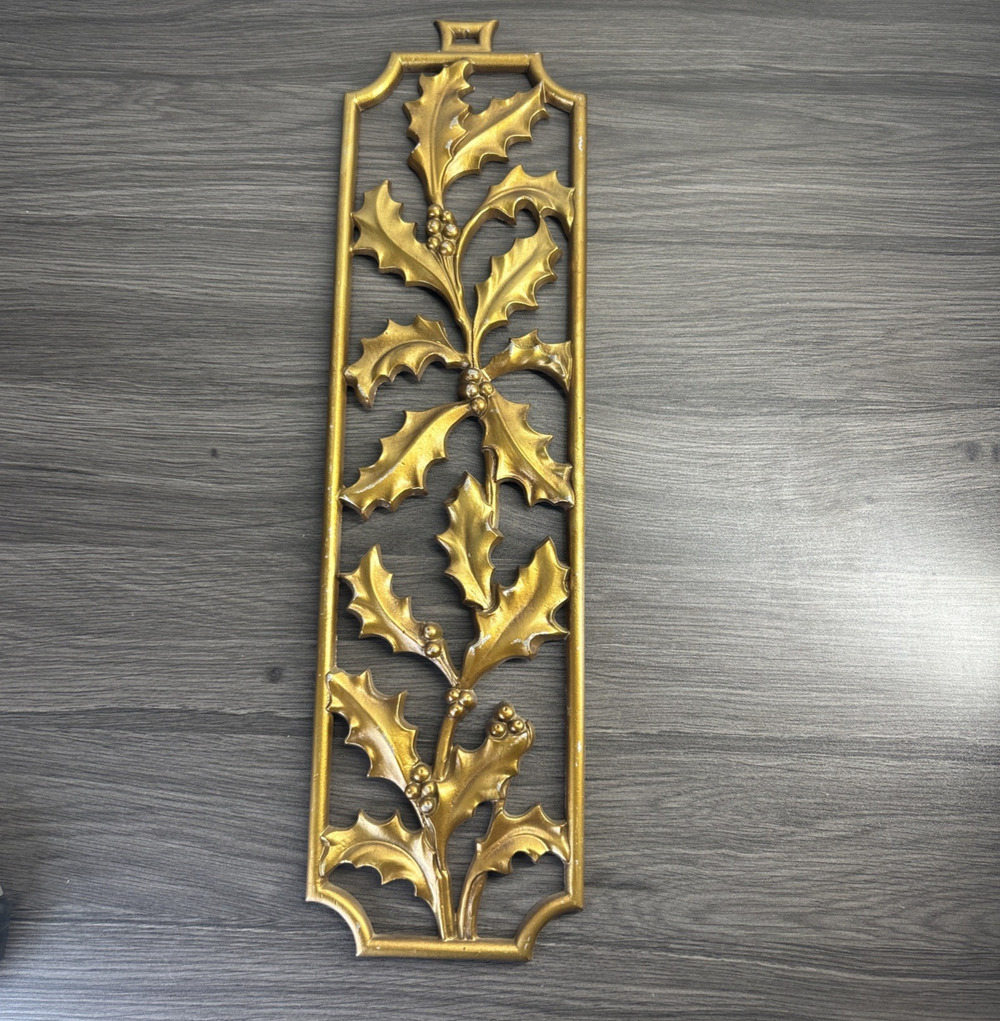 Vintage Sexton USA Holly Berry Gold Metal Wall Hanging MCM Christmas Decor